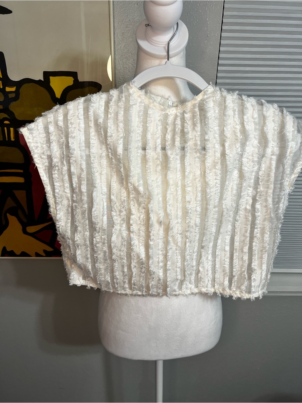 Rangel Chloe Top Ivory Large Sheer And Fur Stripes Zipper Crop Top - Picture 5 of 12